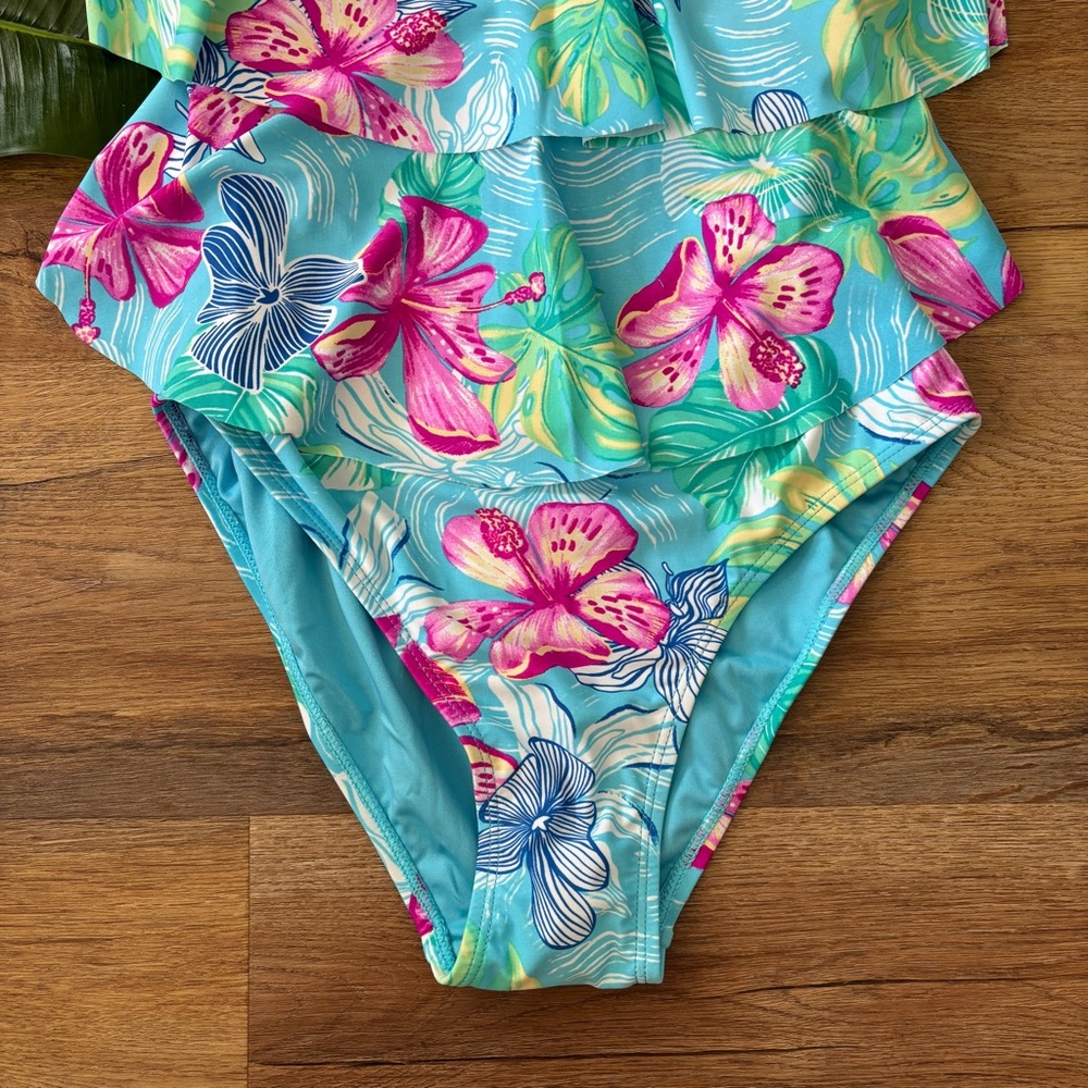 Turquoise Floral Ruffle One-Piece Swimsuit - Picture 3 of 5